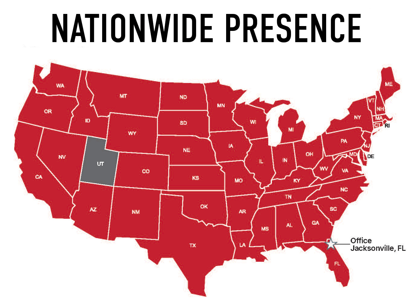 Map of the United States showing a nationwide presence in red across all states except Utah, with an office marked in Jacksonville, Florida.