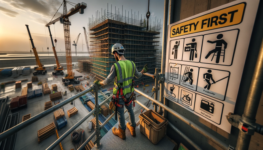 A construction worker in safety gear stands on scaffolding overlooking a busy construction site with cranes and a visible "Safety First" sign displaying safety rules.