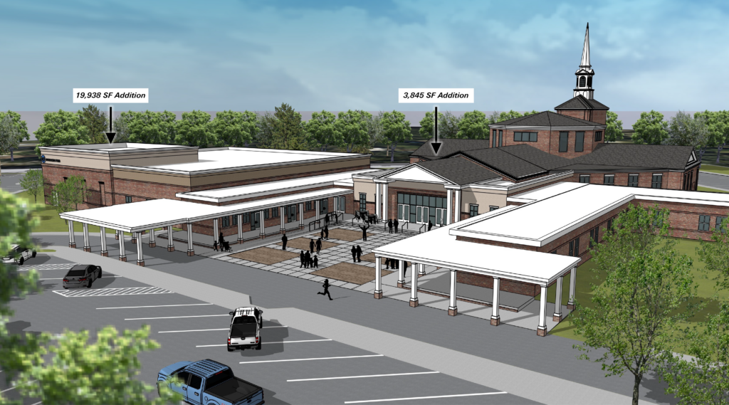 A rendering of Mandarin Presbyterian Church featuring a large brick building with labeled 19,938 SF and 3,845 SF building additions, showing parking, people, and landscaping in front.