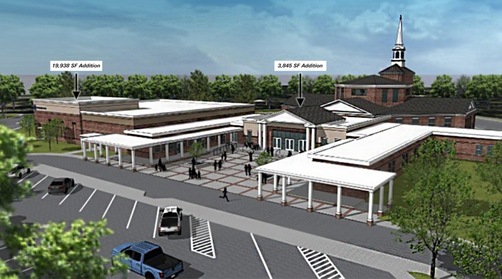 Architectural rendering of Mandarin Presbyterian Church with labeled building additions: a 19,938 sq ft expansion on the left and a 3,845 sq ft addition at the front entrance. Parking lot and trees are visible.